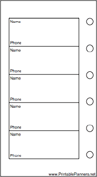 Printable Mini Organizer Phone List (1-column) - Left
