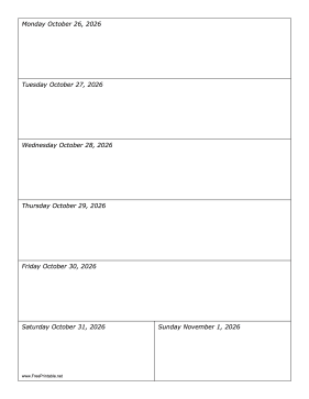 Printable 10/26/2026 Weekly Calendar-portrait