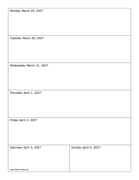 Printable 03/29/2027 Weekly Calendar-portrait