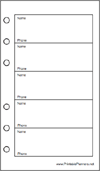 Printable Pocket Organizer Phone List (1-column) - Right