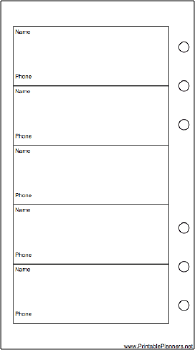 Printable Personal Organizer Phone List (1-column) - Left