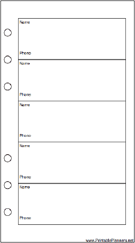 Printable Personal Organizer Phone List (1-column) - Right