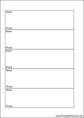 Printable A6 Organizer Phone List 1 col - Left