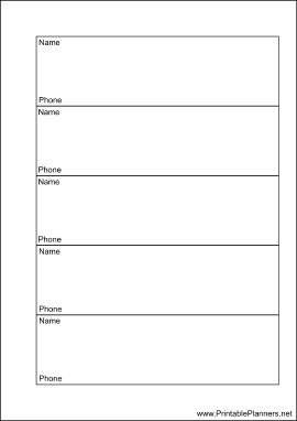 Printable A6 Organizer Phone List 1 col - Right