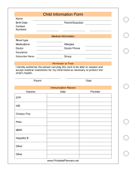 Printable Child Information Form - Left