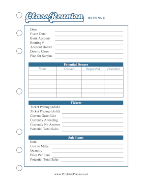 Printable Class Reunion Revenue