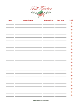 Printable Floral Bill Tracker
