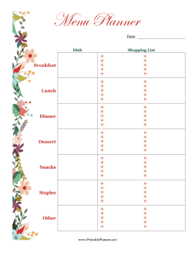 Printable Floral Menu Planner