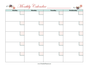 Printable Floral Monthly Calendar Sun-Wed