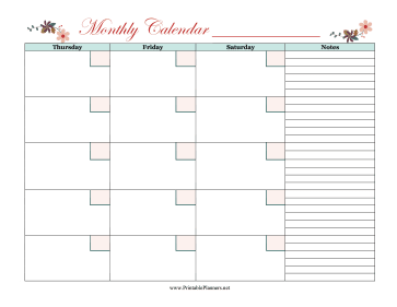 Printable Floral Monthly Calendar Thurs-Sat