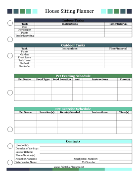 Printable House Sitting Planner