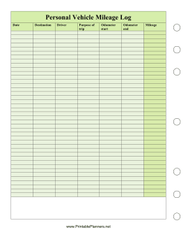 Printable Personal Vehicle Mileage Log - Left