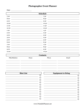 Printable Photographer Event Planner