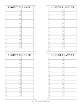 Printable Small Monthly Planner August