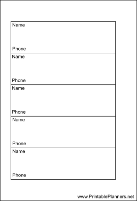 Printable Small Organizer Phone List 1 col - Left