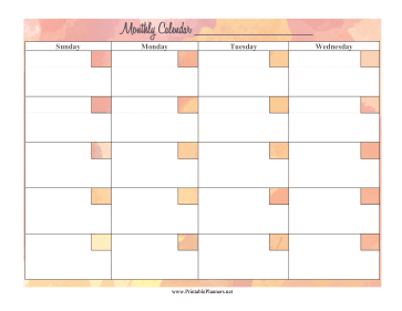 Printable Watercolor Monthly Calendar Sun-Wed