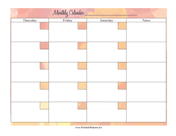 Printable Watercolor Monthly Calendar Thurs-Sat
