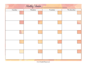 Printable Watercolor Monthly Calendar Sun-Wed